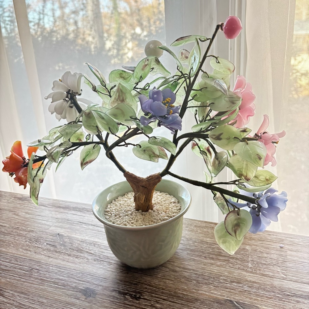 Vintage Jade Gemstone Bonsai Tree Rose Quartz Agate Carnelian Hand-carved Floral